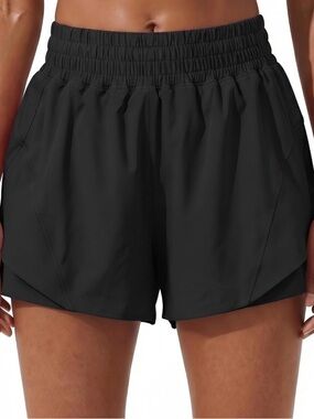 Women's Black 2 in 1 Running Quick Dry Athletic Shorts with Zipper Pockets